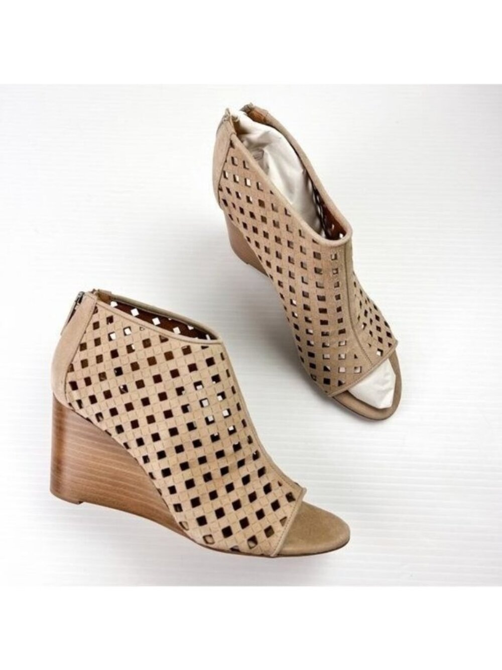 Aquatalia Sandals women 6 Nikita Tan Open Toe Suede Wedge Booties
